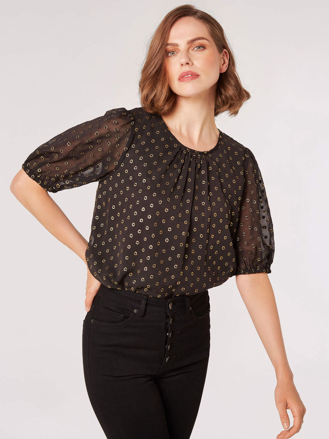 Foil Spot Pintuck Blouse