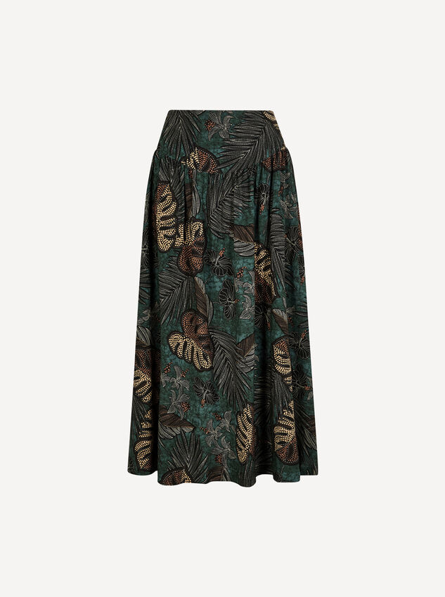 Tropical Leaf Print A-Line Midi Skirt, Green, large