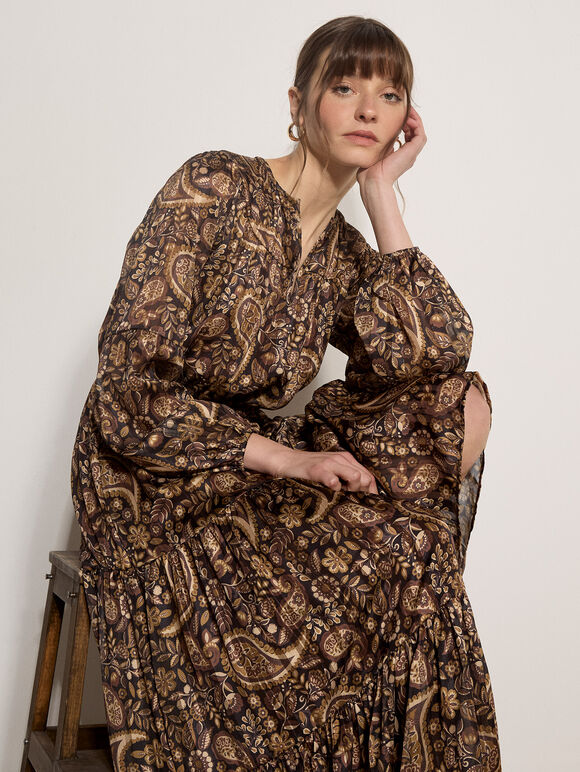 Satin Shimmer Paisley Midi Dress, Black, large