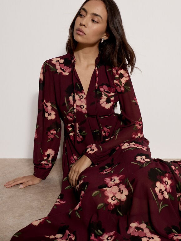 Floral Print Chiffon Midi Dress, Plum, large