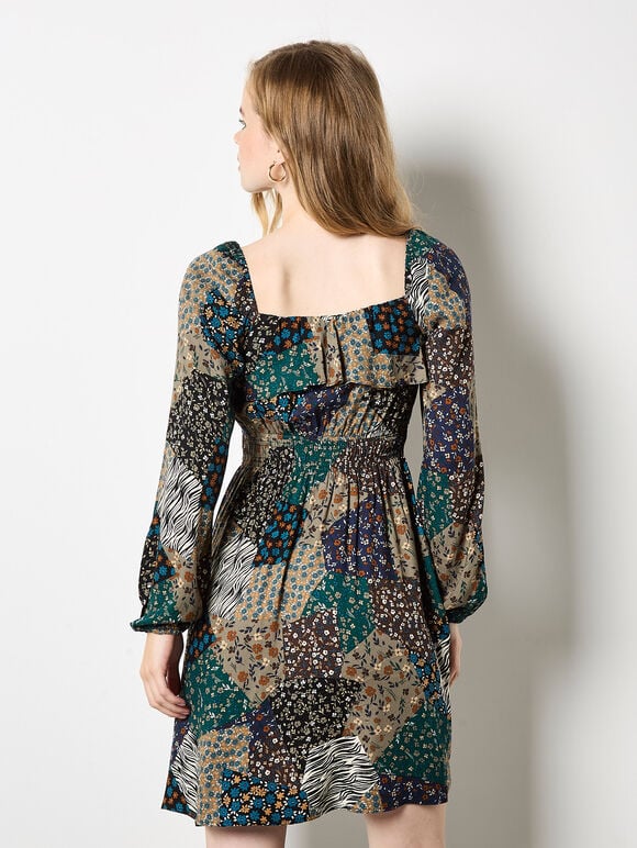 Patchwork Print Boho Mini Dress, Khaki, large