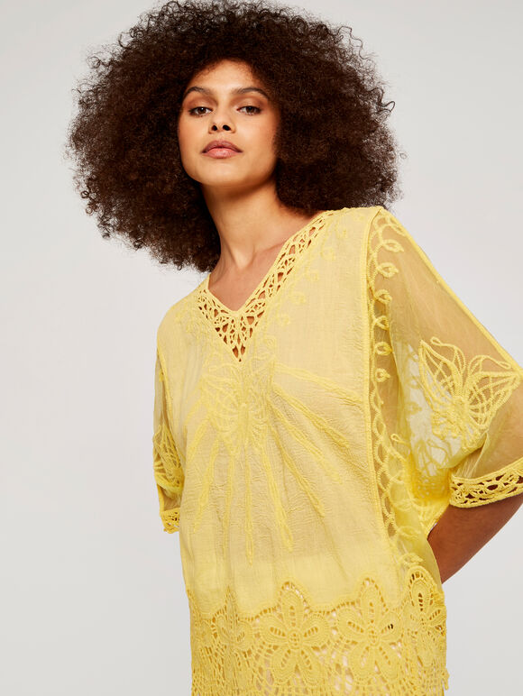 Crochet V Neck Top, Yellow, large