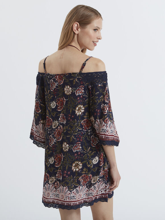 Batik Floral Cold Shoulder Swing Tunic Dress, Navy, large