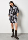 Feather Print Jersey Cocoon Mini Dress, Grey, large
