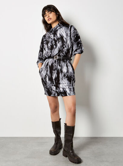 Feather Print Jersey Cocoon Mini Dress