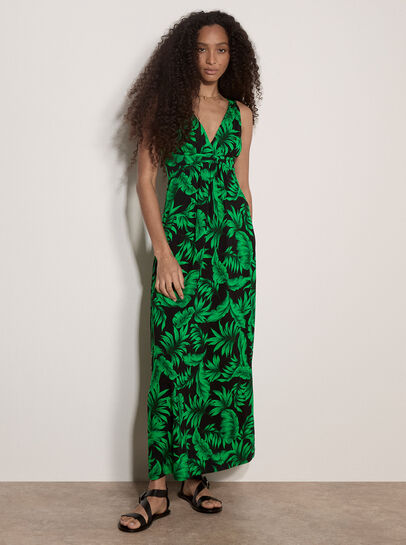 Tropical Leaf Jersey Maxi Dress