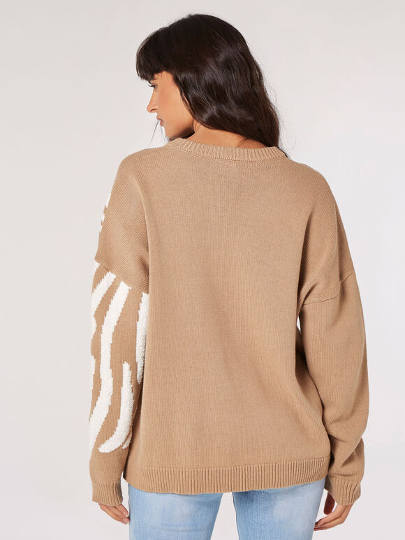 Fuzzy Zebra Stripe Oversized Jumper, Stone, large