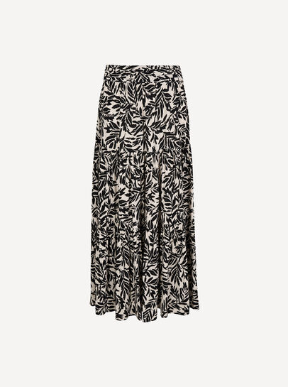 Leaf Print Tiered Midi Skirt