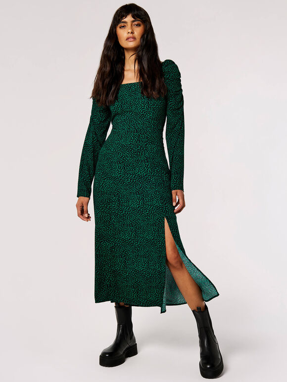 Ruched Milkmaid Midi Dress, Green, large