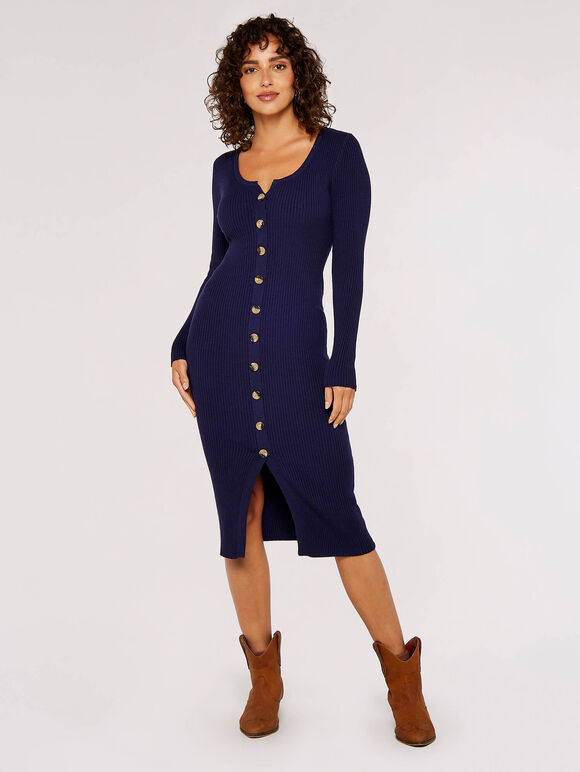 Buttoned Ribbed Midi Dress, Navy, large