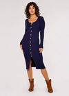 Buttoned Ribbed Midi Dress, Navy, large