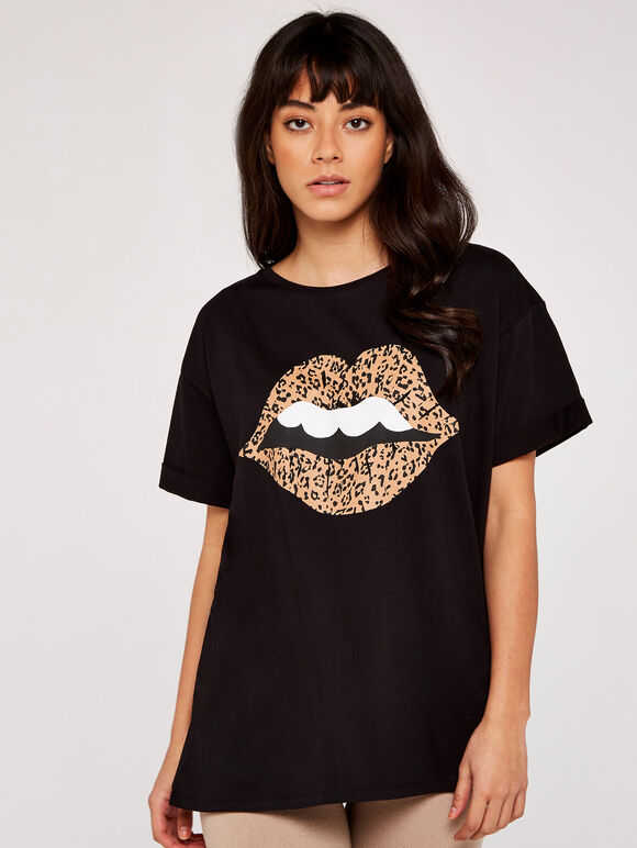 Wild Animal Lips Turn Up T-Shirt, Noir, grand