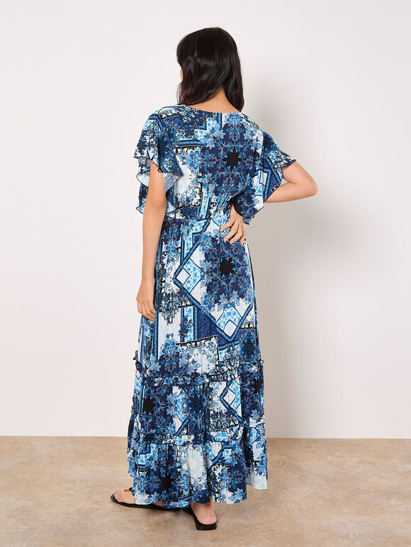 Patchwork Ruffle Tiered Midi Dress, Blue, large
