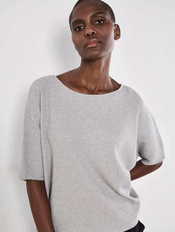 Metallic Sparkle Waffle Knit Cut-Out Top, Light Grey / Silver, large