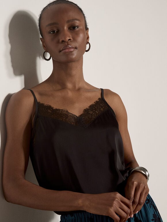 Satin Lace Camisole Top, Black, large