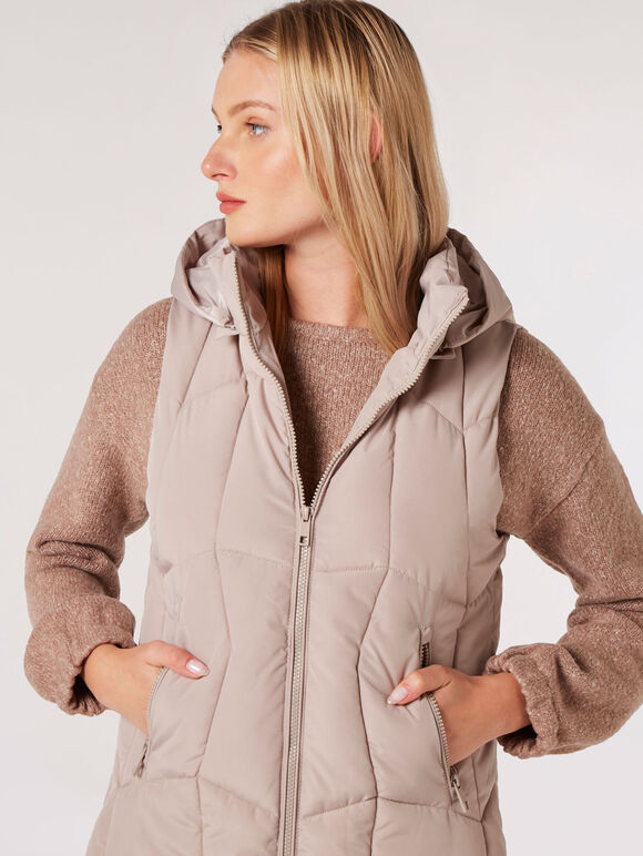 Hooded Longline Puffer Gilet, Stone, large