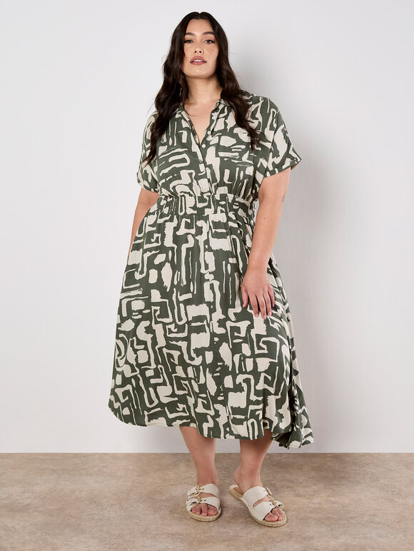 Geo Grecian Shirt Midi Dress, Khaki, large