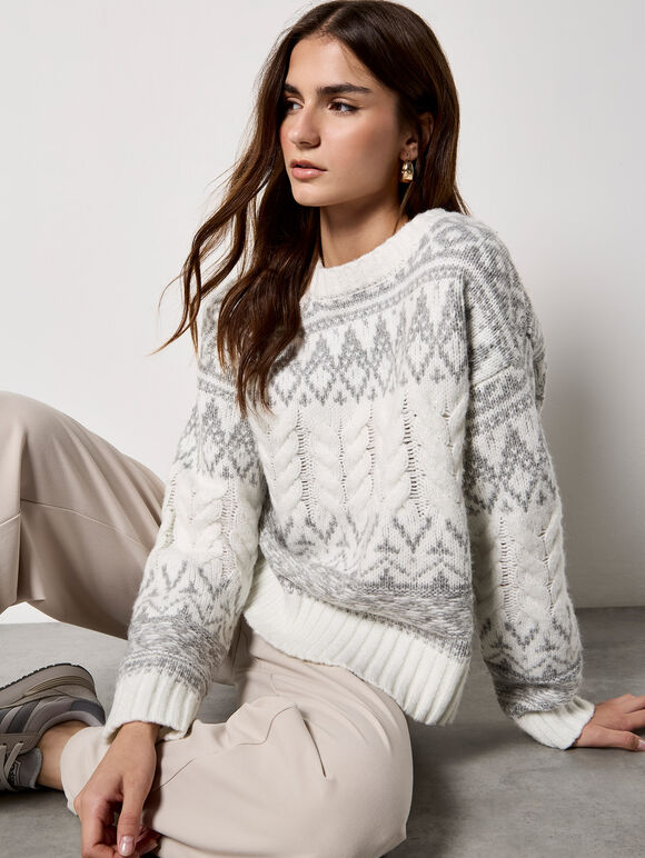 Fair Isle Cable Knit Jumper, Cream, large