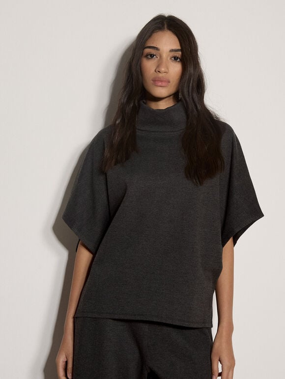 Herringbone Roll Neck Batwing Top, Dark Grey/Charcoal, large