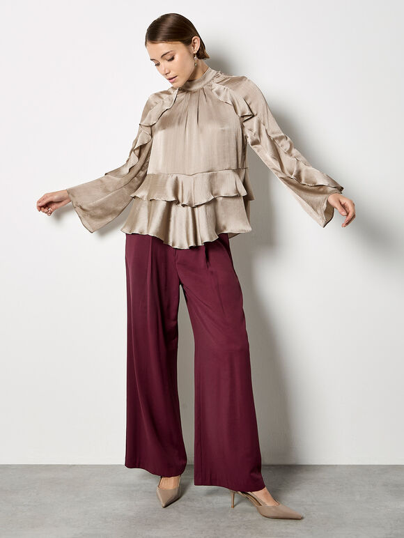 Ruffle Crinkle Satin Top, Stone, large