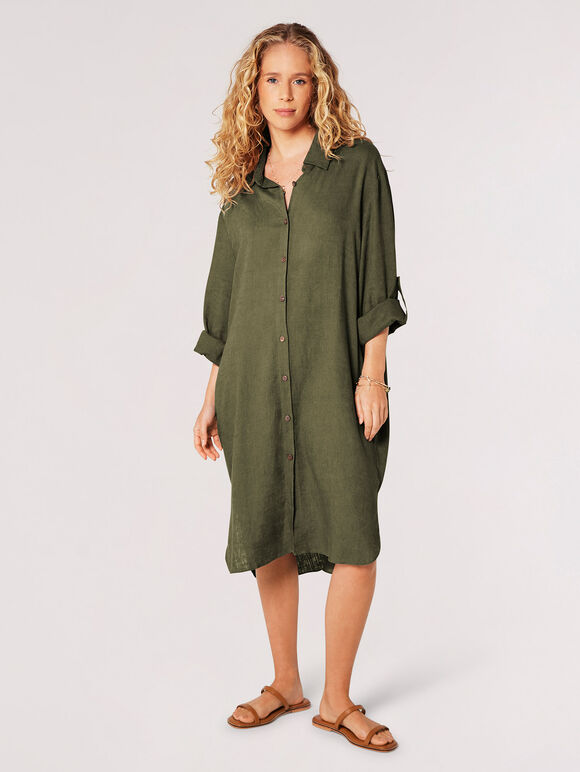 Oversized Linen Blend Shirt Mini Dress, Khaki, large