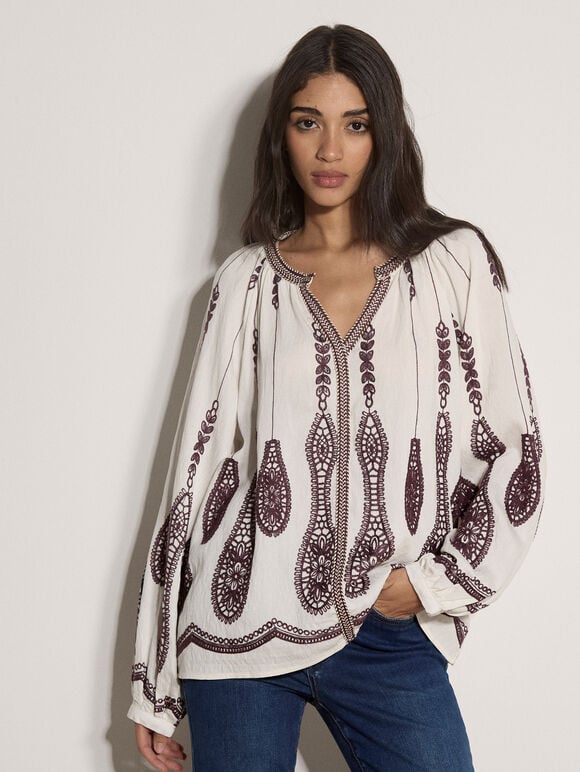 Floral Leaf Embroidered Blouse, Cream, large