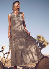 Ditsy Open V Neck Tiered Maxi Dress, Khaki, large