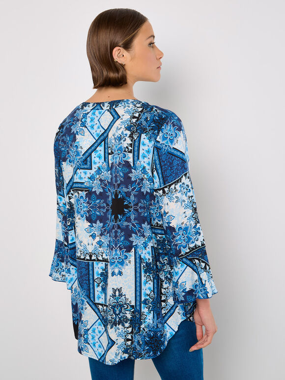 Patchwork Scarf Print Blouse, Blue, large