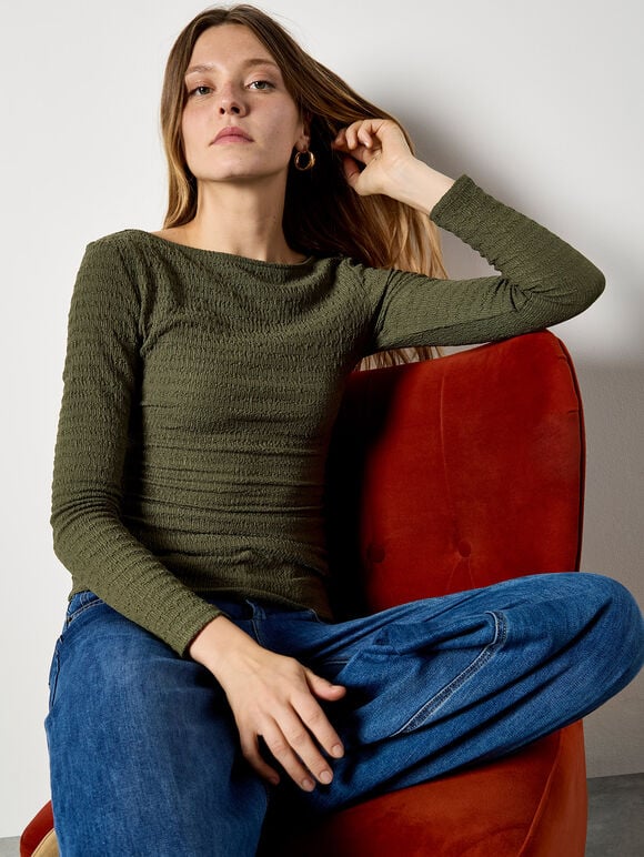 Side Ruched Textured Jersey Top, Khaki, large