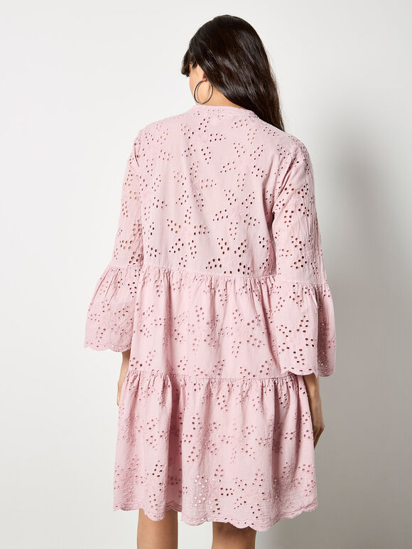 Broderie Anglaise Tiered Mini Dress, Pink, large