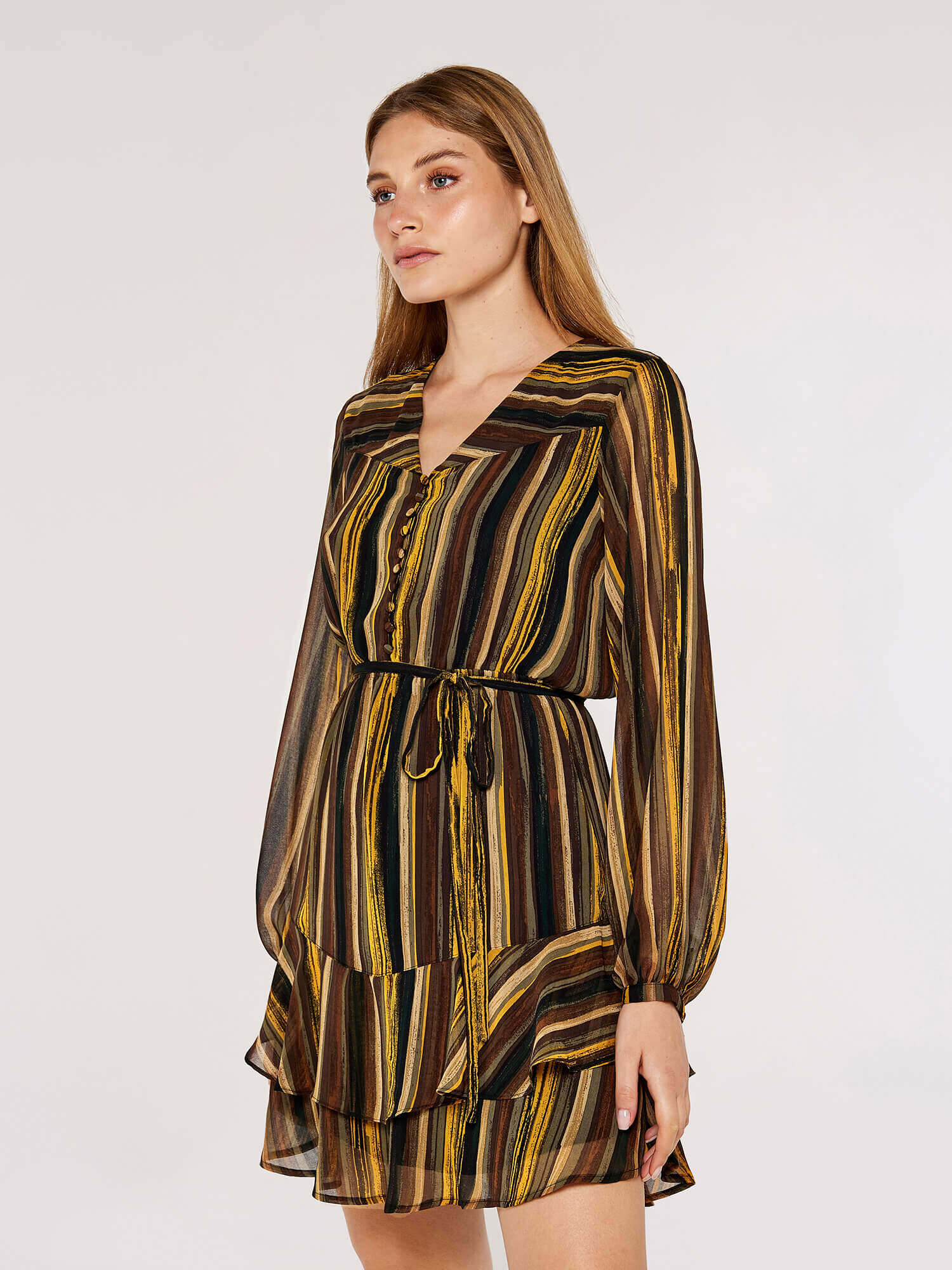 Striped Ruffle Mini Dress Apricot Clothing
