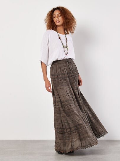 Cotton Crochet Lace Tiered Maxi Skirt