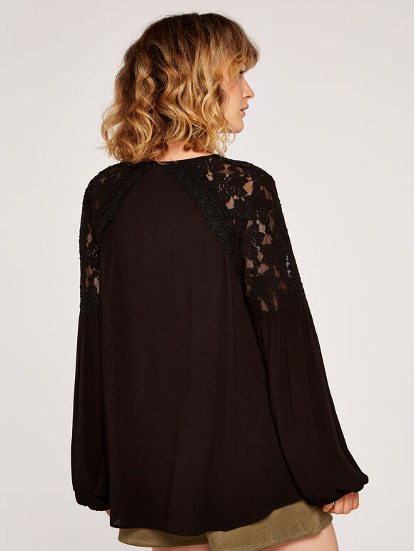Lace Shoulder Tassel Top, Black, large