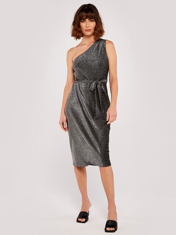 Sparkle One Shoulder Wrap Dress, Black, large