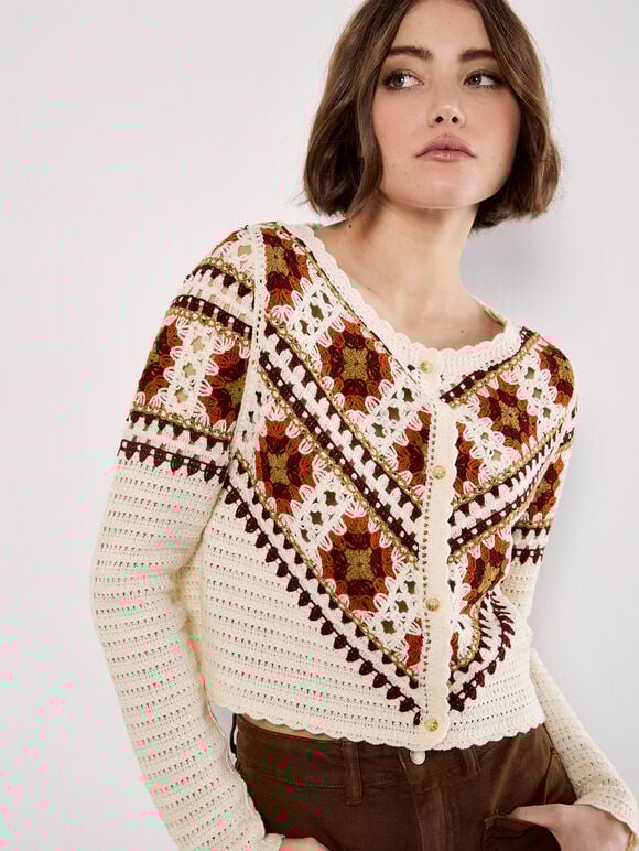 Crochet Squares Scallop Cardigan, Stone, large