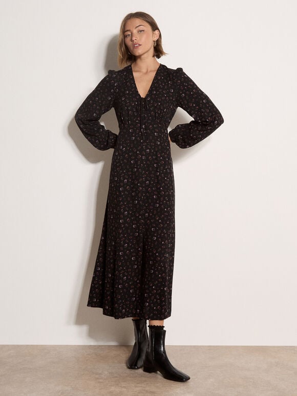 Floral Print Midi Tea Dress, Black, large