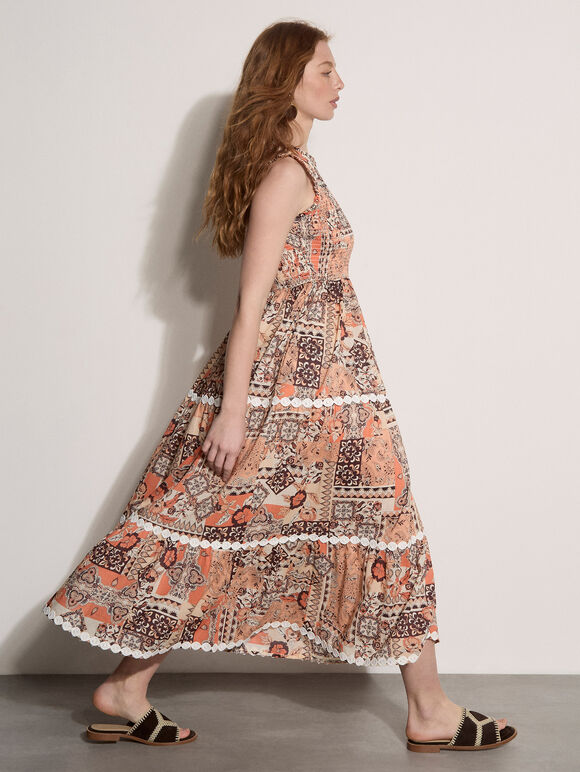 Patchwork Scarf Smocked Maxi Dress, Coral, large