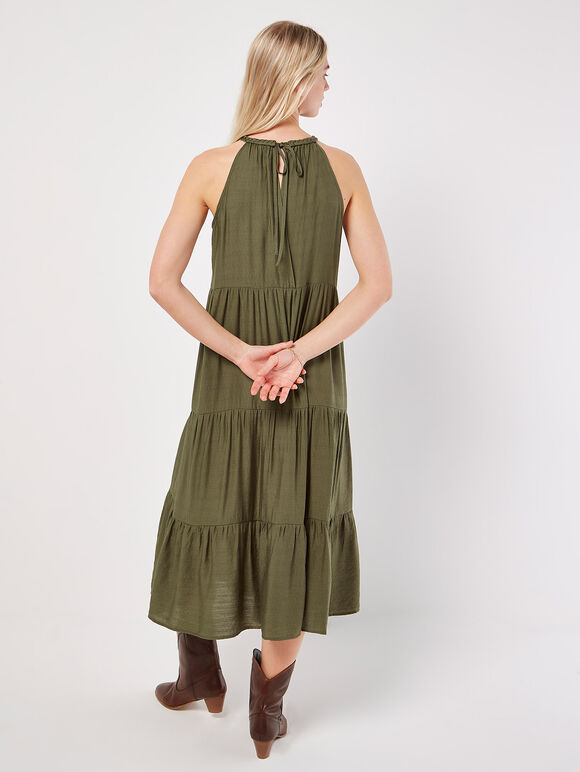 Lace Halter Neck Tiered Midi Dress, Khaki, large