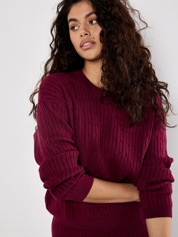 Fine Knit Cable Jumper, Burgundy, large
