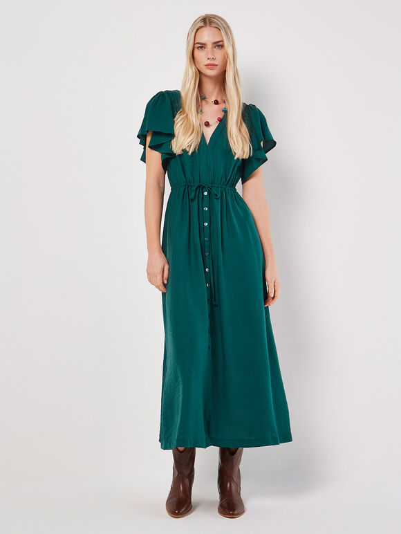 Angel Sleeve Button-Down Maxi Dress, Green, large