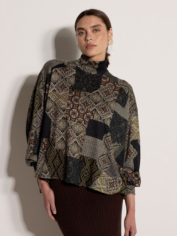 Patchwork Tapestry Roll Neck Top, Khaki, large