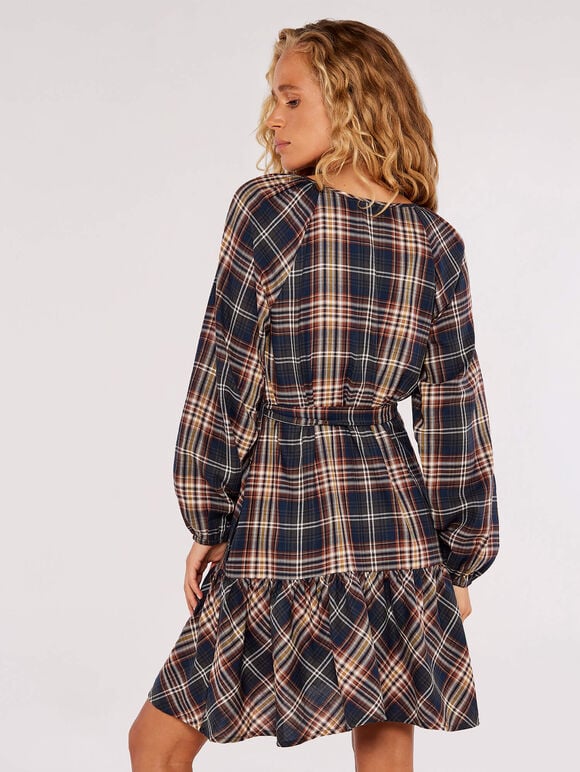 Check Print Ruffle Mini Dress, Rust, large