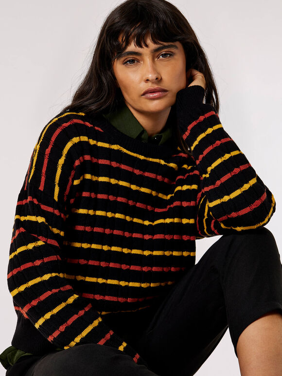 Plaited Knit Stripe Jumper , Black, large