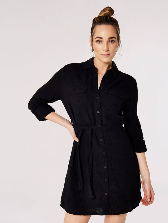 Cotton Shirt Mini Dress, Black, large