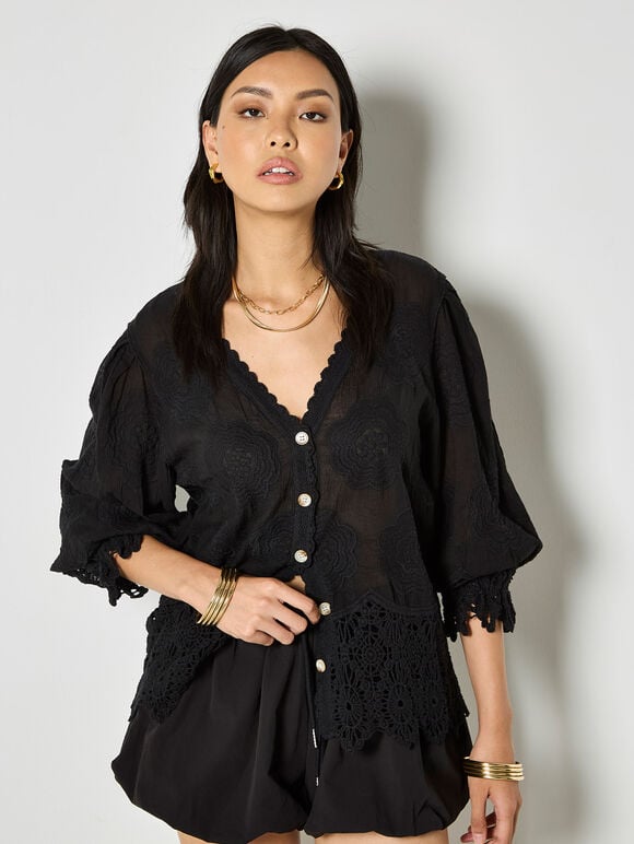 Embroidered Daisies Lace Blouse, Black, large