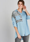 Blue Leopard Print Patchwork Shirt, Blue, large