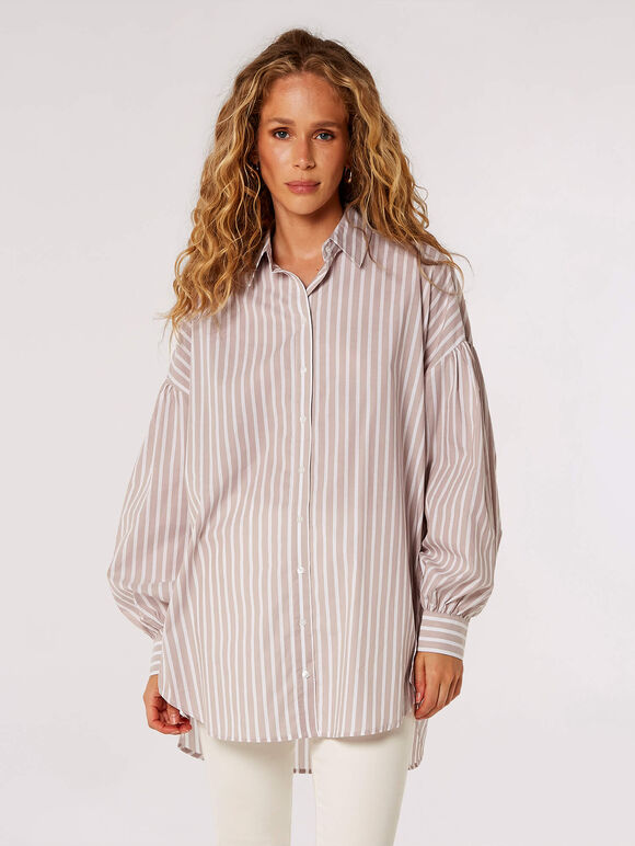 Oversized Stripe Cotton Shirt, Brown, large
