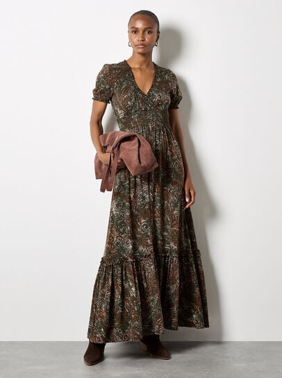 Peacock Feather Print Maxi Dress