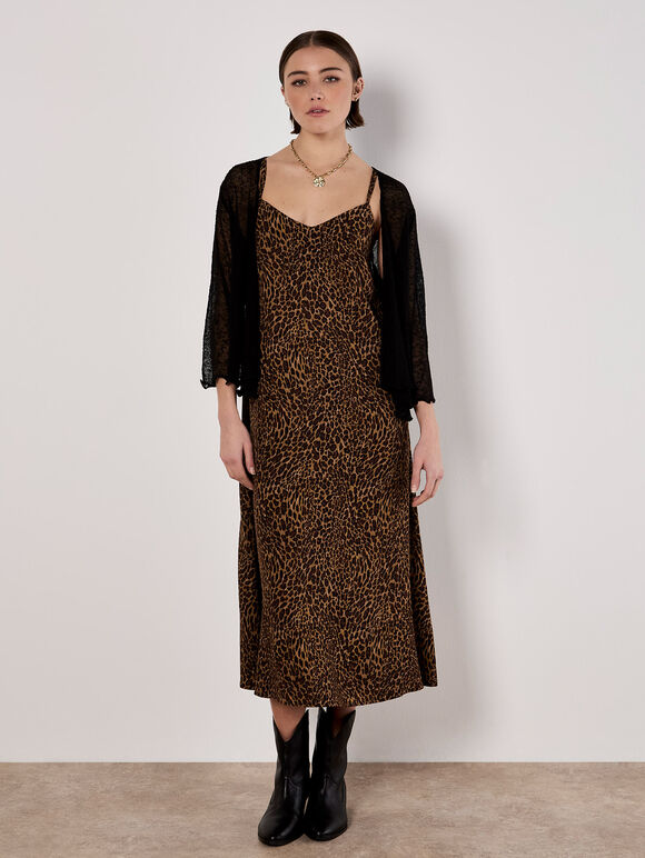 Animal Print Crepe Maxi Slip Dress, Brown, large