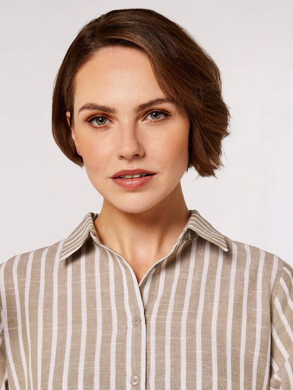 Woven Stripe Shirt Dress, Stone, large